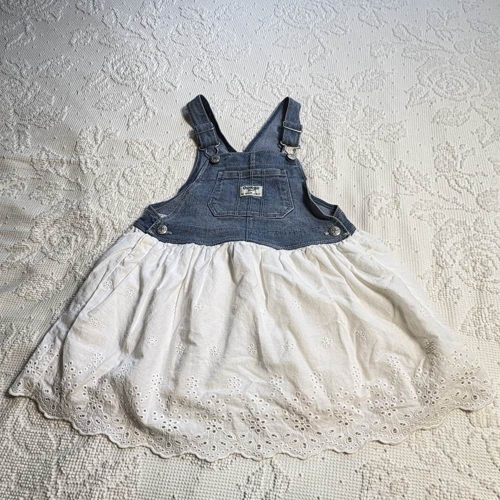 Osh Kosh B'Gosh Denim Overall Dress Eyelet Lace Bottom Vestbak Lined Adjustable